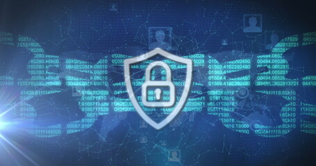 Image of online security padlock and chain with people icons over blue background