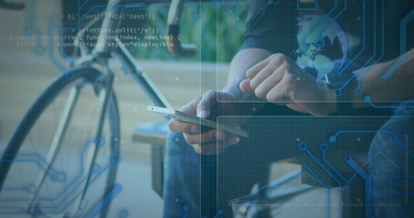 Image of globe spinning and data processing on screens over man using smartphone and smartwatch