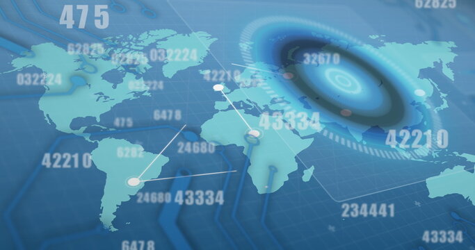 Image of numbers changing and scope scanning over world map on blue background