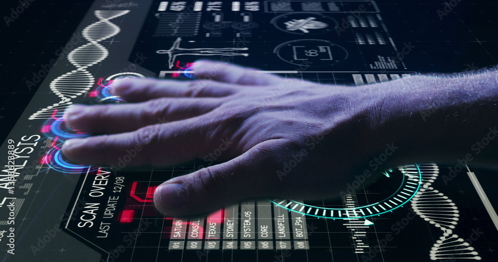 Poster image of man's hand touching interactive screen reading fingerprints and medical data processing