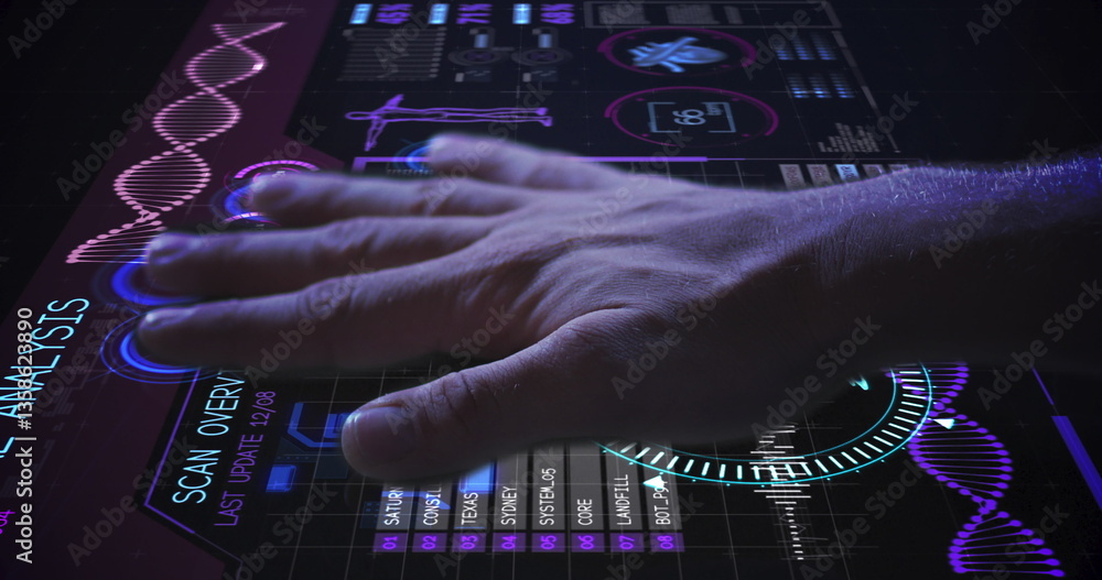 Poster image of man's hand touching interactive screen reading fingerprints and medical data processing