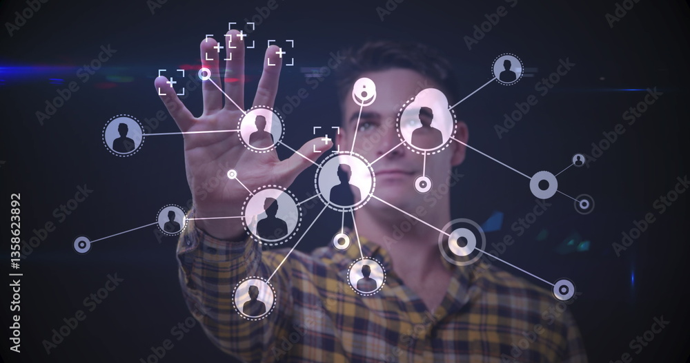 Poster image of man touching interactive screen with network of connections with icons