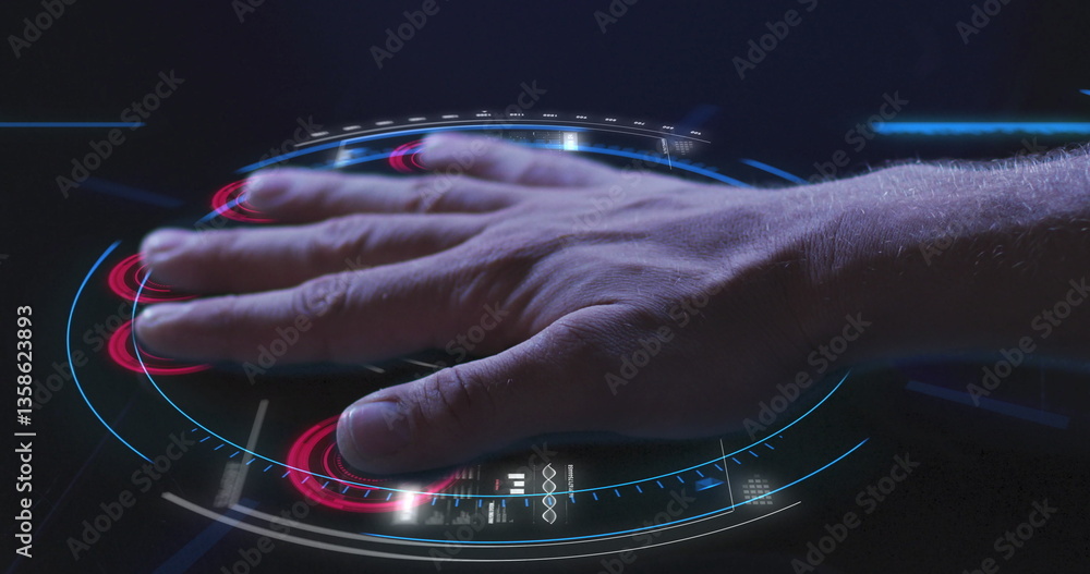 Poster image of man's hand touching interactive screen reading fingerprints and data processing
