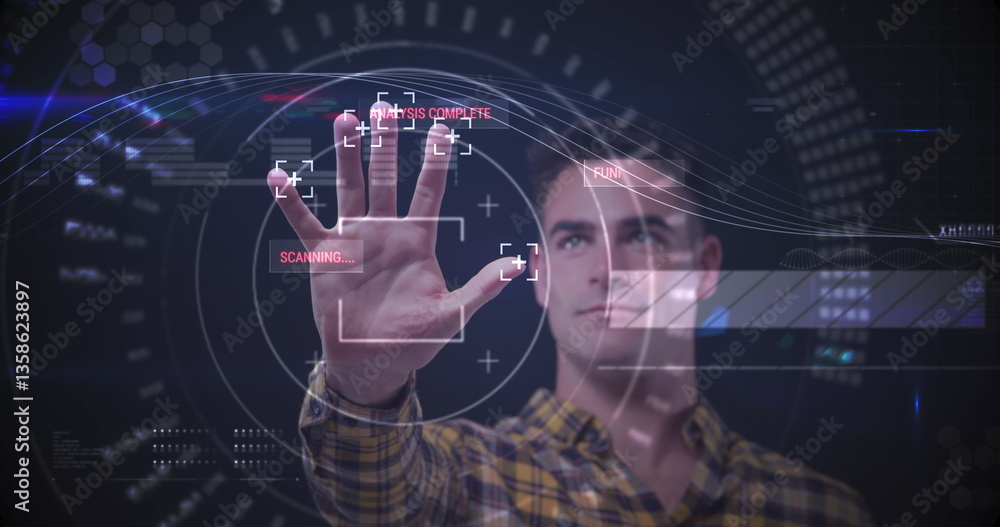 Poster image of man touching interactive screen with data processing and scope scanning