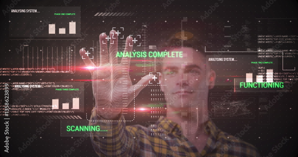 Aufkleber image of man touching interactive screen with data processing and scope scanning