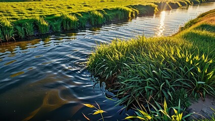 Tranquil Waterway through Verdant Landscape