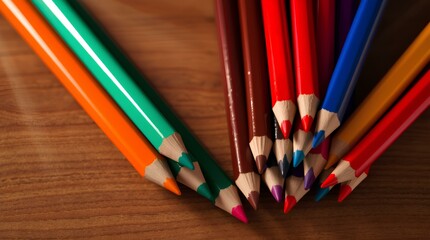 Vibrant Spectrum of Creativity: A Stunning Fan-Like Arrangement of Sharpened Colored Pencils on a Warm Wooden Surface