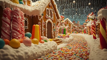 Naklejka premium A festive gingerbread house featuring snowy icing details, colorful gumdrops, and a candy-lined walkway, ideal for capturing the spirit of holiday traditions. 