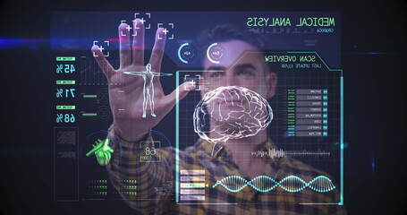 Image of man touching interactive screen with medical data processing and scope scanning