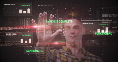 Image of man touching interactive screen with data processing and scope scanning
