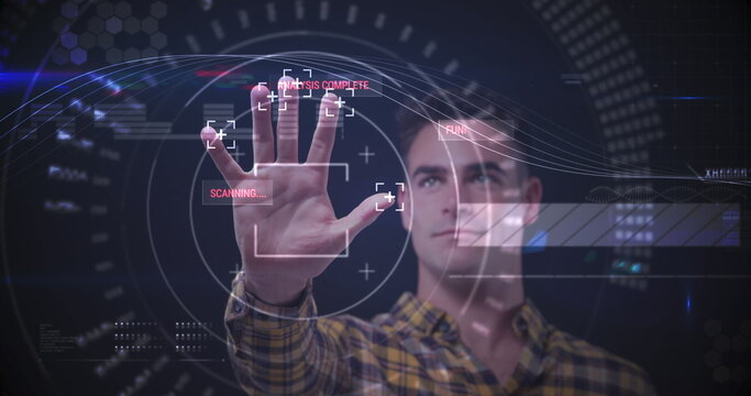 Image of man touching interactive screen with data processing and scope scanning - Powered by Adobe