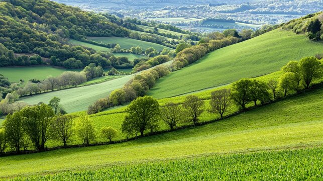 A farm with a mix of crops and a windbreak of trees, advertising style, copy space. Product photography with high resolution, advertising style