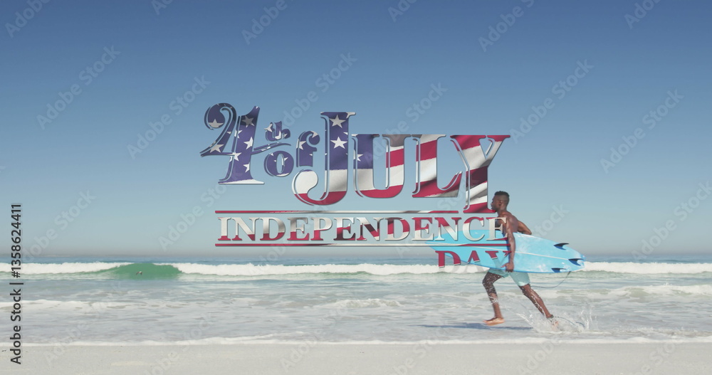 Poster image of 4th of july independence day text with american flag pattern over man with surfboard