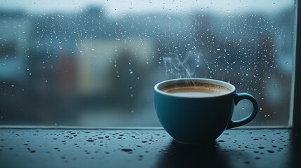 Obraz premium 56.A moody scene of a steaming coffee cup placed on a windowsill, with raindrops streaking down the glass and the blurred outline of a gray, rainy day outside.