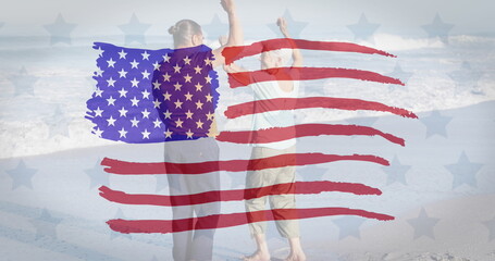 Multiple stars and american flag waving against caucasian senior couple dancing on the beach