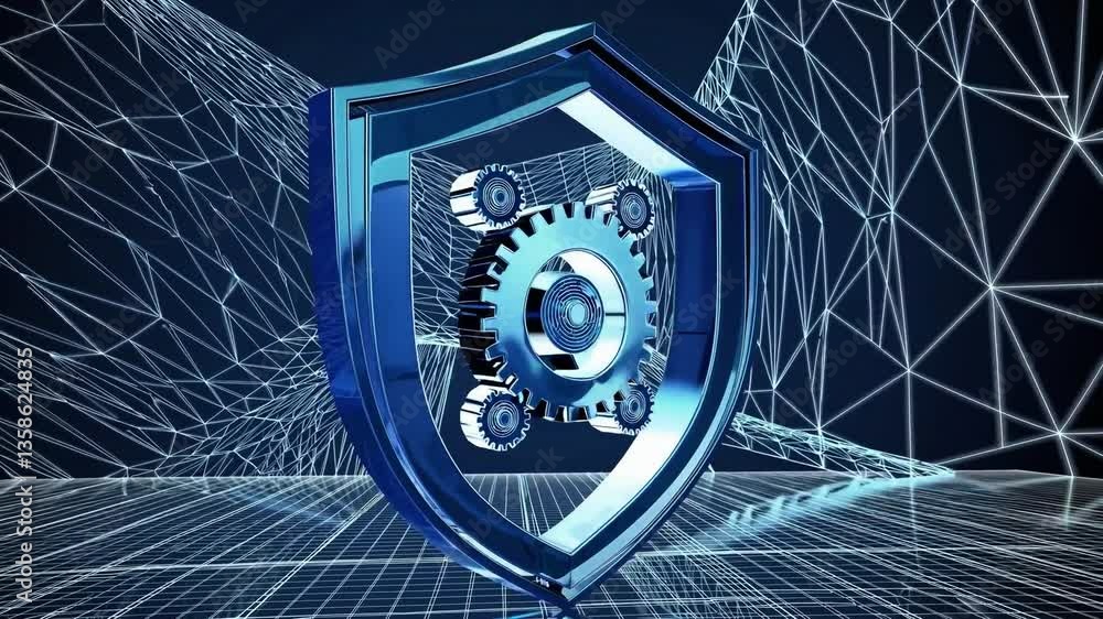 Aufkleber abstract digital security concept featuring a blue shield with a central gear symbolizing cyber prot