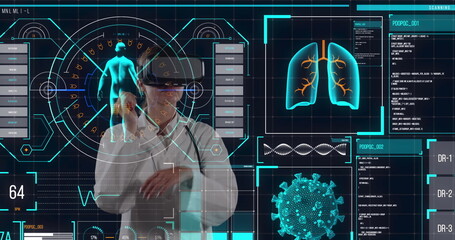 Digital interface with medical data processing against female doctor using vr headset