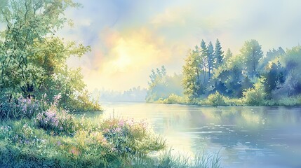 Tranquil Morning Scene with River and Lush Green Vegetation