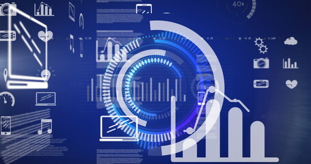 Image of scope scanning and data processing with digital icons over blue background