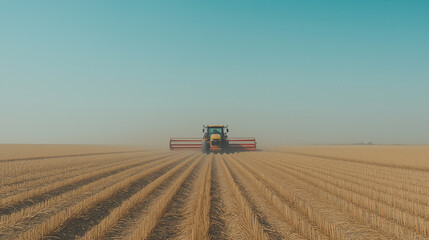Fototapeta premium Tractor Harvesting Wheat Field on a Hazy Summer Day.