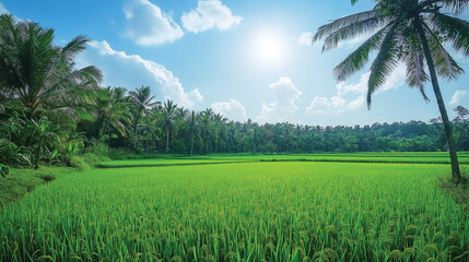 Lush Green Rice Paddy Field with Palm Trees.