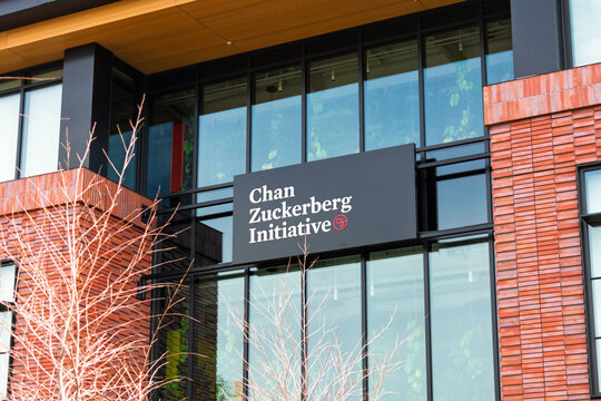 Chan Zuckerberg Initiative CZI sign on the facade of a philanthropic organization headquarters building - Redwood City, California, USA - February 23, 2025
