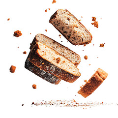 Slices of artisanal bread floating in mid-air with crumbs