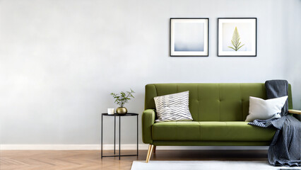 modern living room vintage green sofa minimalist cozy space blank wall mock up canvas copy text paste
