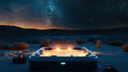 Romantic Hot Tub Under Starry Sky with Soft Ambient Lighting