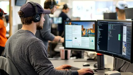Young man focused on coding at dual monitors in a bustling tech workspace