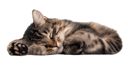 A cat sleeping with one paw covering its face on a transparent background