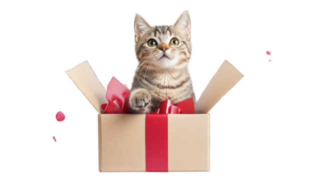 A cat standing inside a gift box with wrapping paper around it on a transparent background