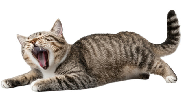 A cat stretching and yawning in the morning on a transparent background