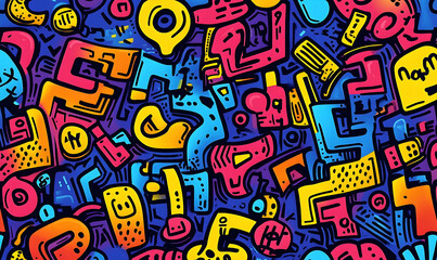 Colorful abstract design featuring playful shapes and patterns on a vibrant blue background