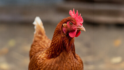 Close-Up of a Brown Hen in a Farmyard Environment