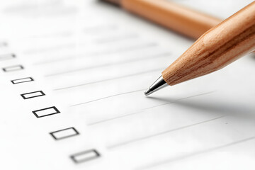 Close-up of a Wooden Pencil and Checkboxes on a Checklist Paper for Organization