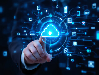 Hand touching cloud storage icon with security lock, futuristic digital interface, glowing blue tech elements on dark background, concept of global data service. Ai generative