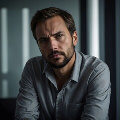 Obraz premium A man with shorts bread and short hair wearing a light gray sleeve shirt. The man's expression is one of concern highlighting his emotional state.
