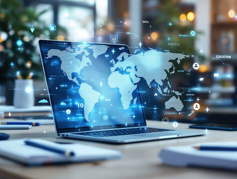 Laptop with a holographic world map and digital data icons in a modern workspace. The glowing blue interface represents global technology and innovation. Ai generative