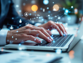 Hands typing on a laptop with futuristic digital network connections and glowing icons overlay on a blurred background. Concept of technology and digital communication. Ai generative