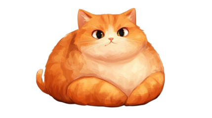 A chubby cat sitting in a loaf position on a transparent background