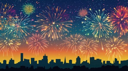 Fireworks Over City Skyline at Night