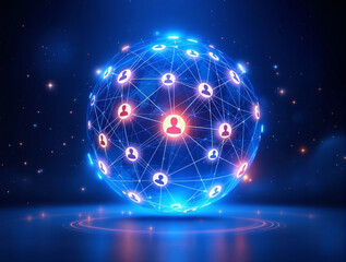 Glowing digital sphere with interconnected user icons symbolizing global networking and communication on a futuristic background. Concept of social media. Ai generative