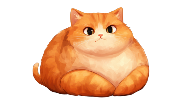 A chubby cat sitting in a loaf position on a transparent background