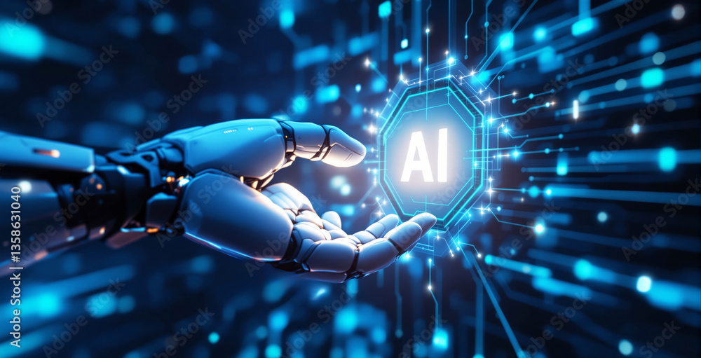 Poster robotic hand reaching towards ai symbol, glowing in futuristic digital space. blue cyber background 
