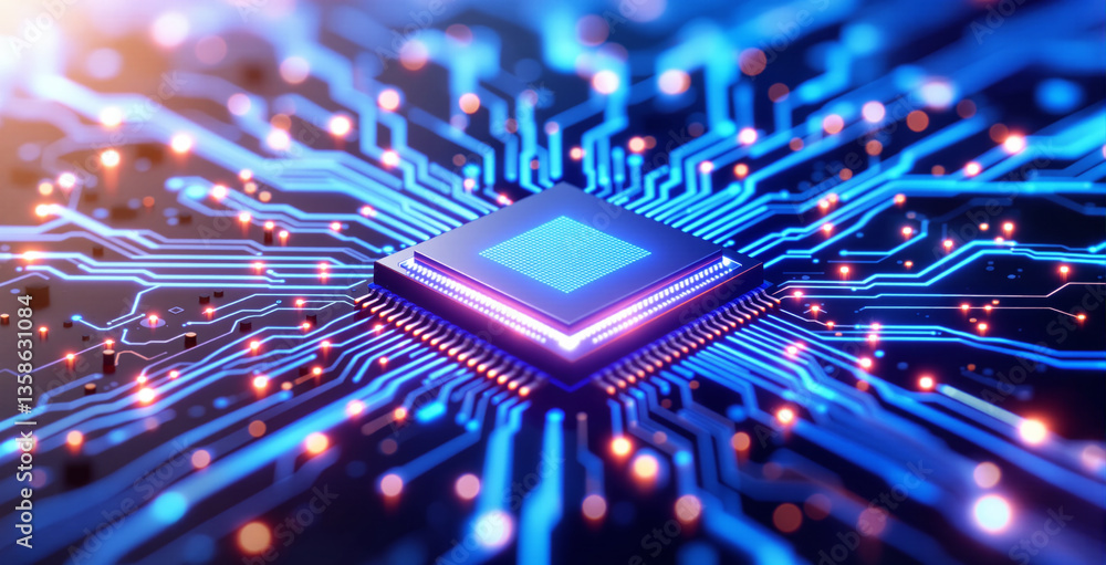 Poster close-up of a glowing microchip on a digital circuit board with neon blue and orange lights, symboli