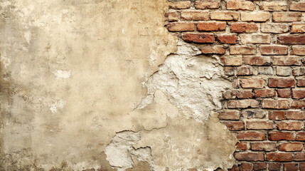 An old stucco wall with half of the surface revealing rustic red bricks underneath. The plaster has a worn-out texture, with cracks and chipped edges blending seamlessly into the exposed bricks.