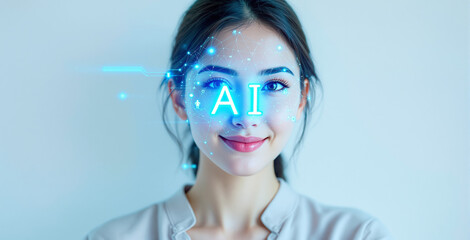 Woman with digital AI interface elements on her face, futuristic tech concept, soft blue background, symbolizing artificial intelligence and innovation. Ai generative