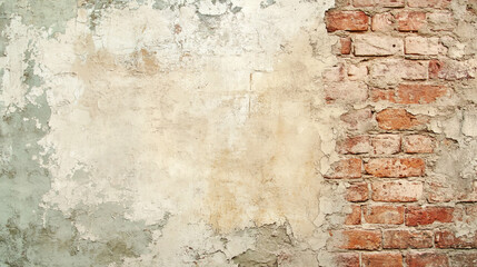 An old stucco wall with half of the surface revealing rustic red bricks underneath. The plaster has a worn-out texture, with cracks and chipped edges blending seamlessly into the exposed bricks.