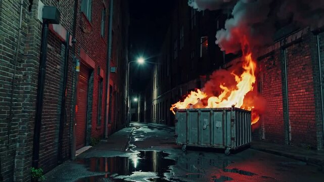 A dramatic nighttime scene featuring a burning dumpster in a narrow urban alleyway, where smoke billows into the air and reflections shimmer on wet pavement.